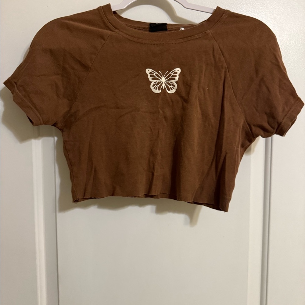 PacSun Brown Crop Top with Butterfly Design